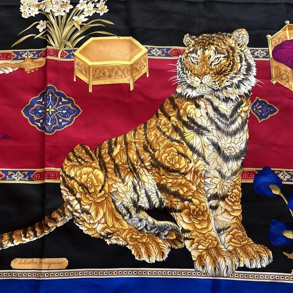SALVATORE FERRAGAMO VINTAGE Silk Scarf Tigers Chinoiserie Asian Designer WOW!